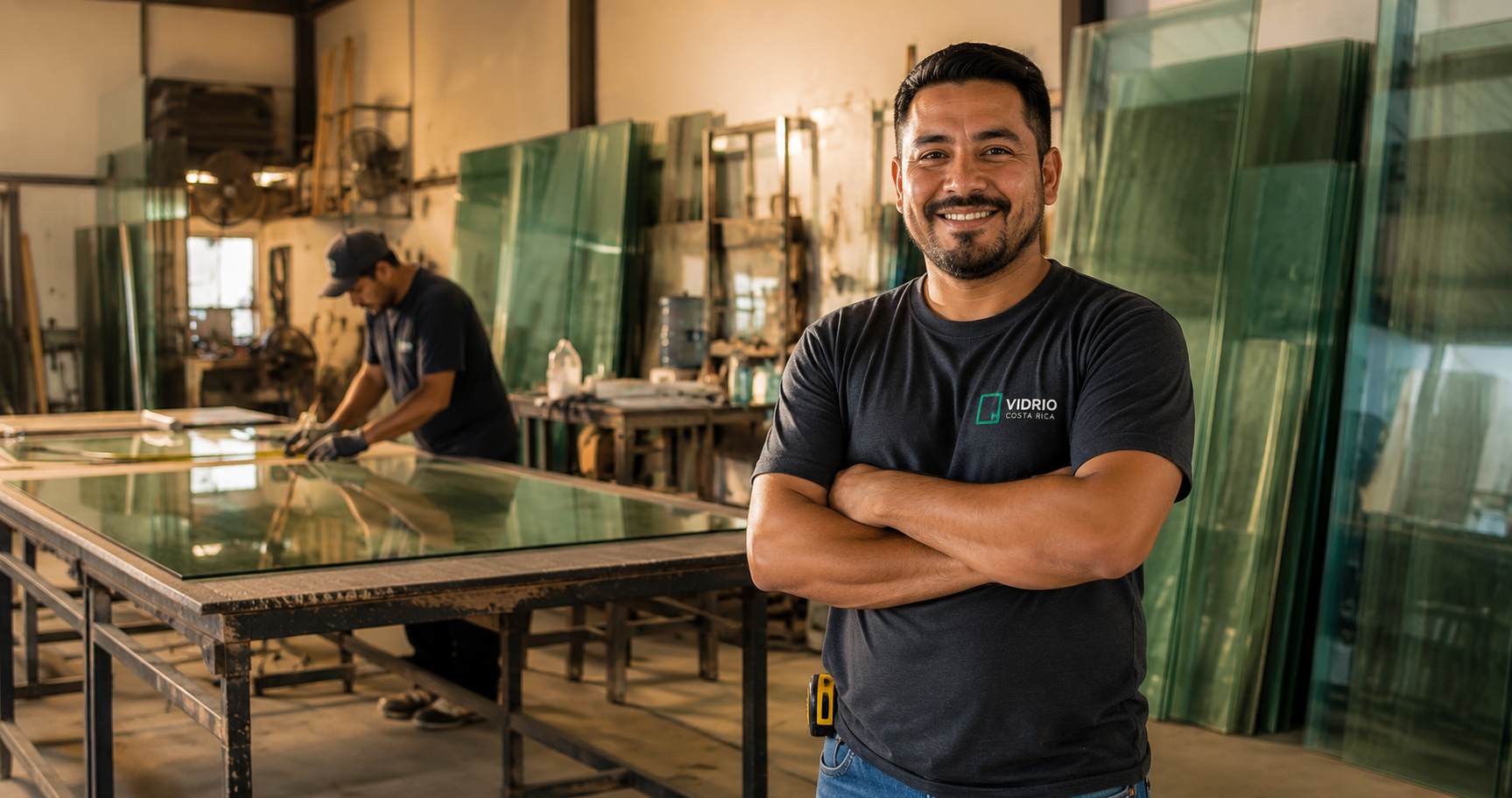 Vidriero costarricense en su taller de vidrios y aluminio