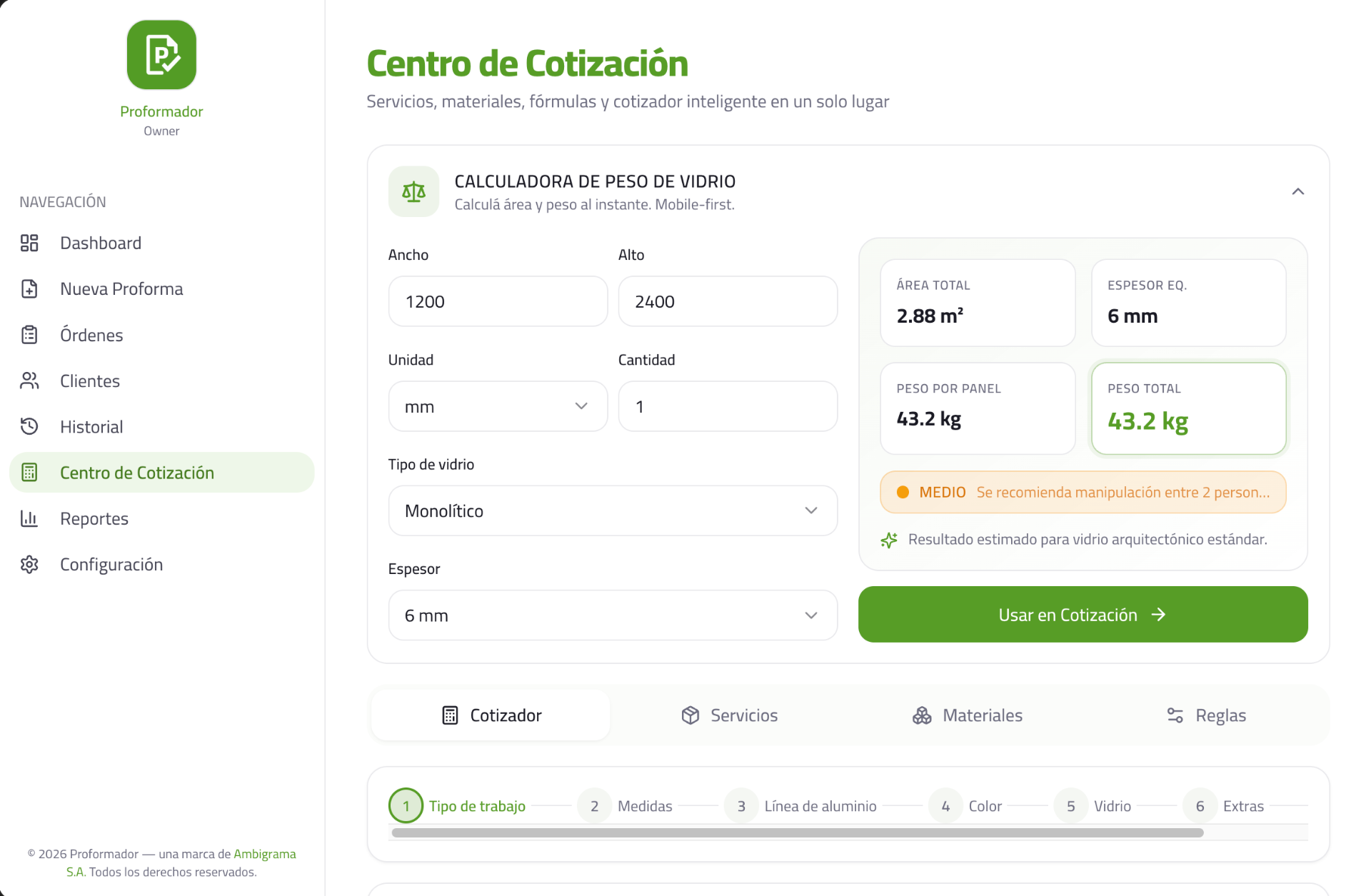 Captura real de Proformador — Peso de vidrio templado y monolítico al instante
