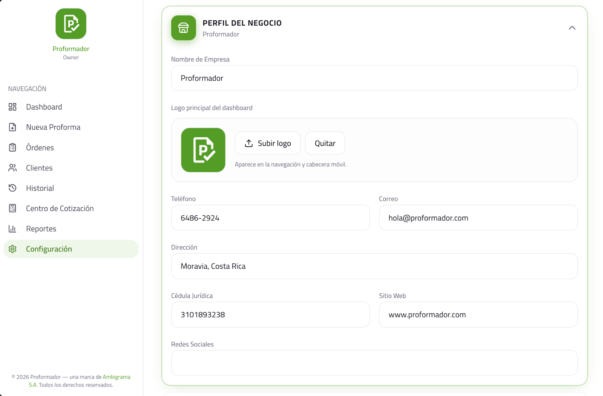 Captura real de Proformador — Tu vidriería con su propia identidad