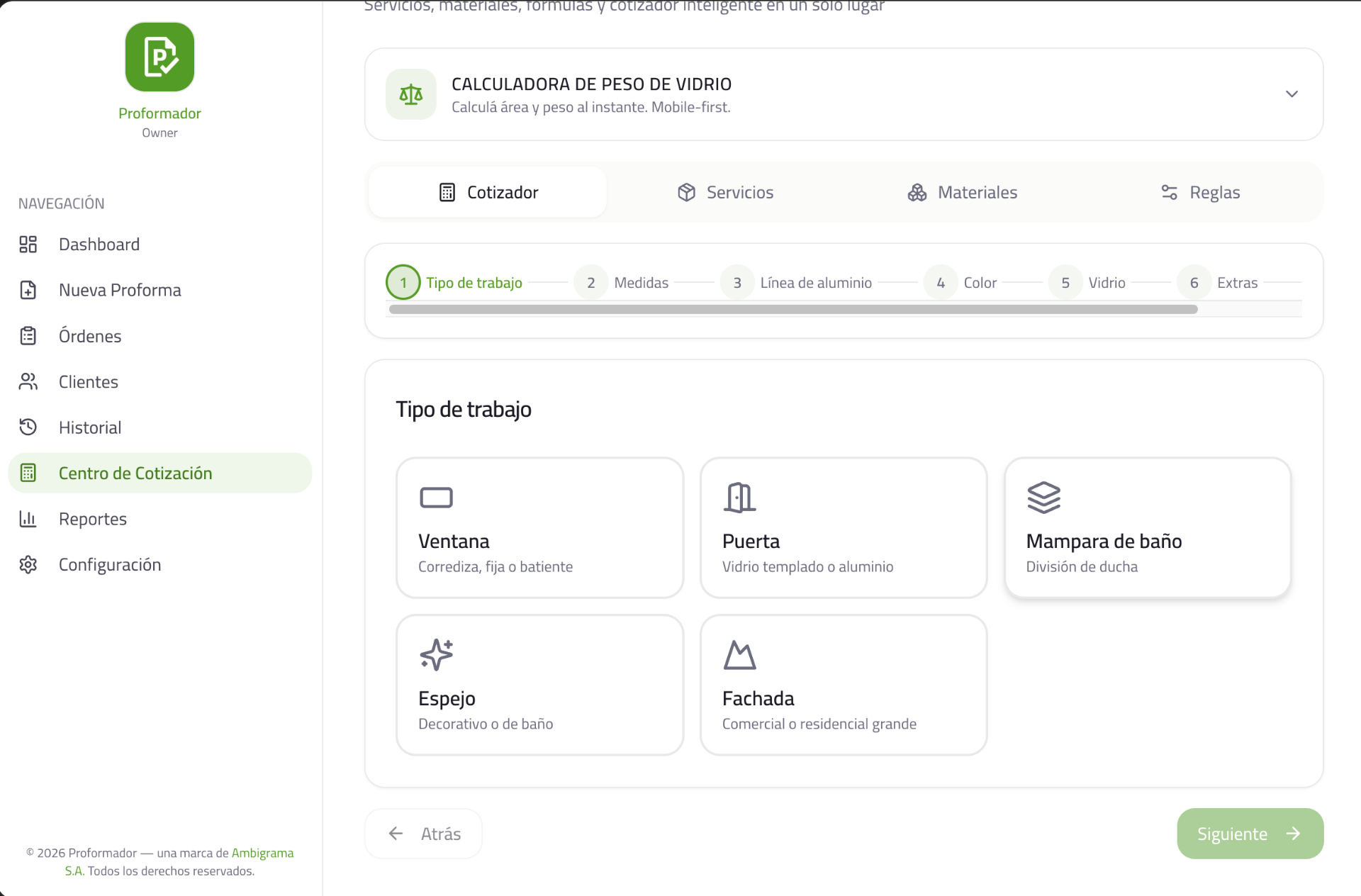 Captura real de Proformador — Cotizador inteligente paso a paso para vidrierías