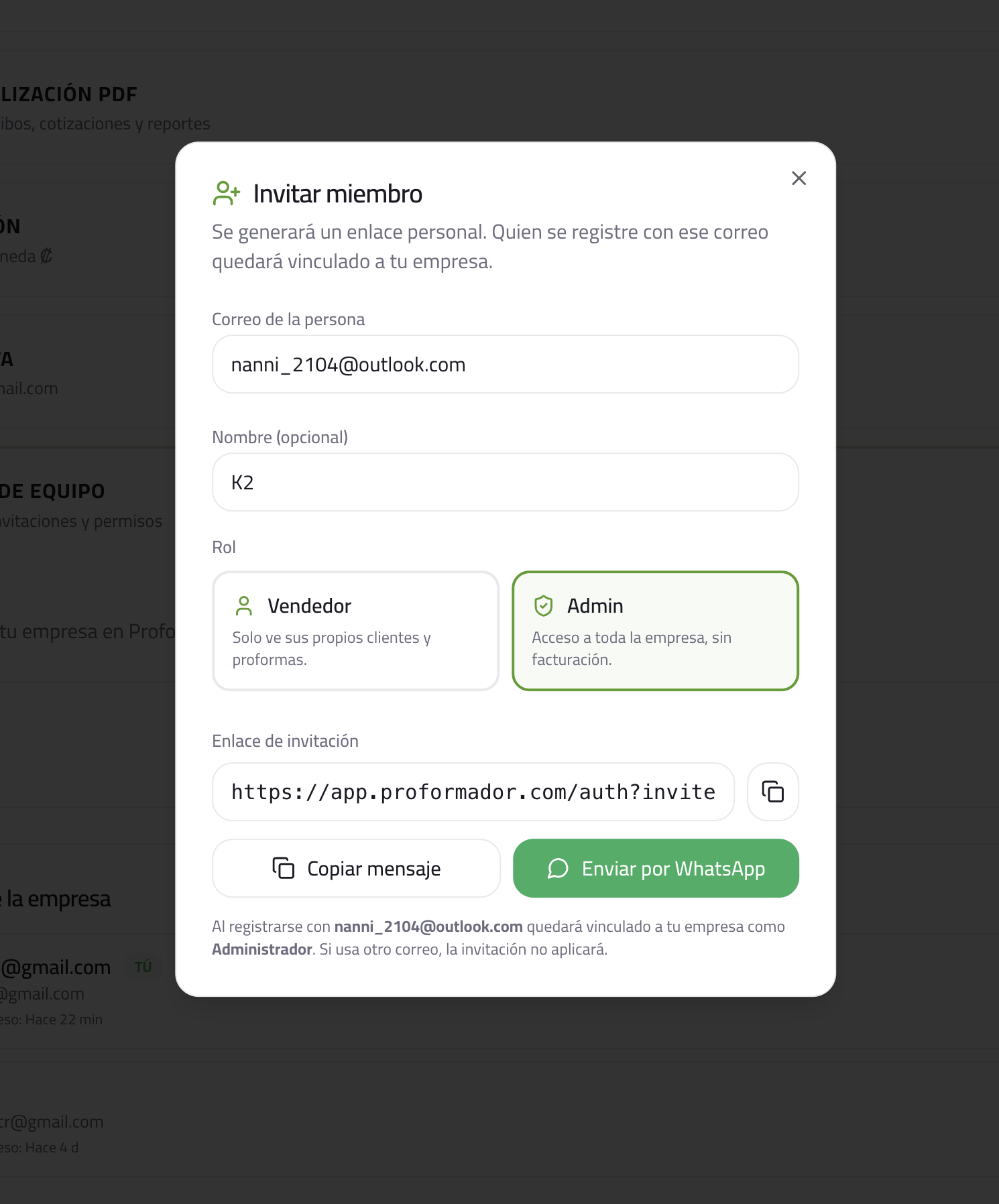 Captura real de Proformador — Invita a tu equipo con un enlace por WhatsApp